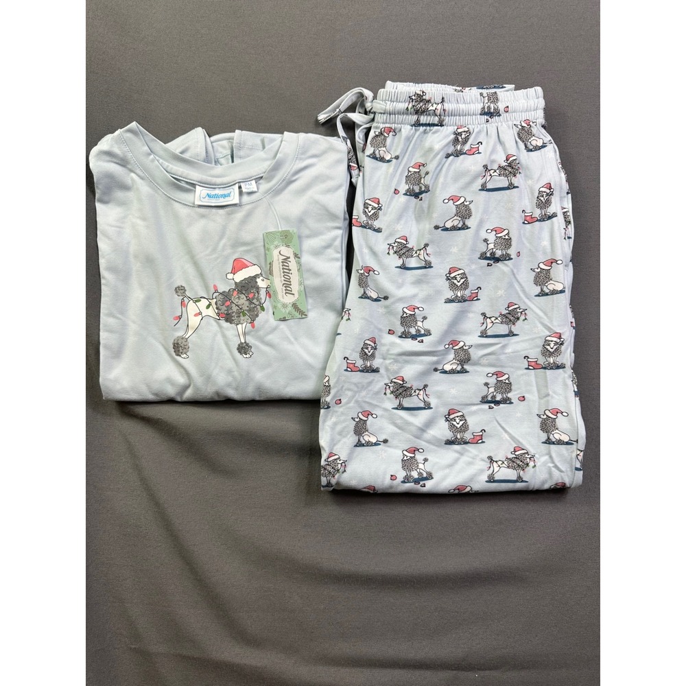 National Christmas Poodle Pajama Set Blue Holiday Dog Print PM Long Sleeve New